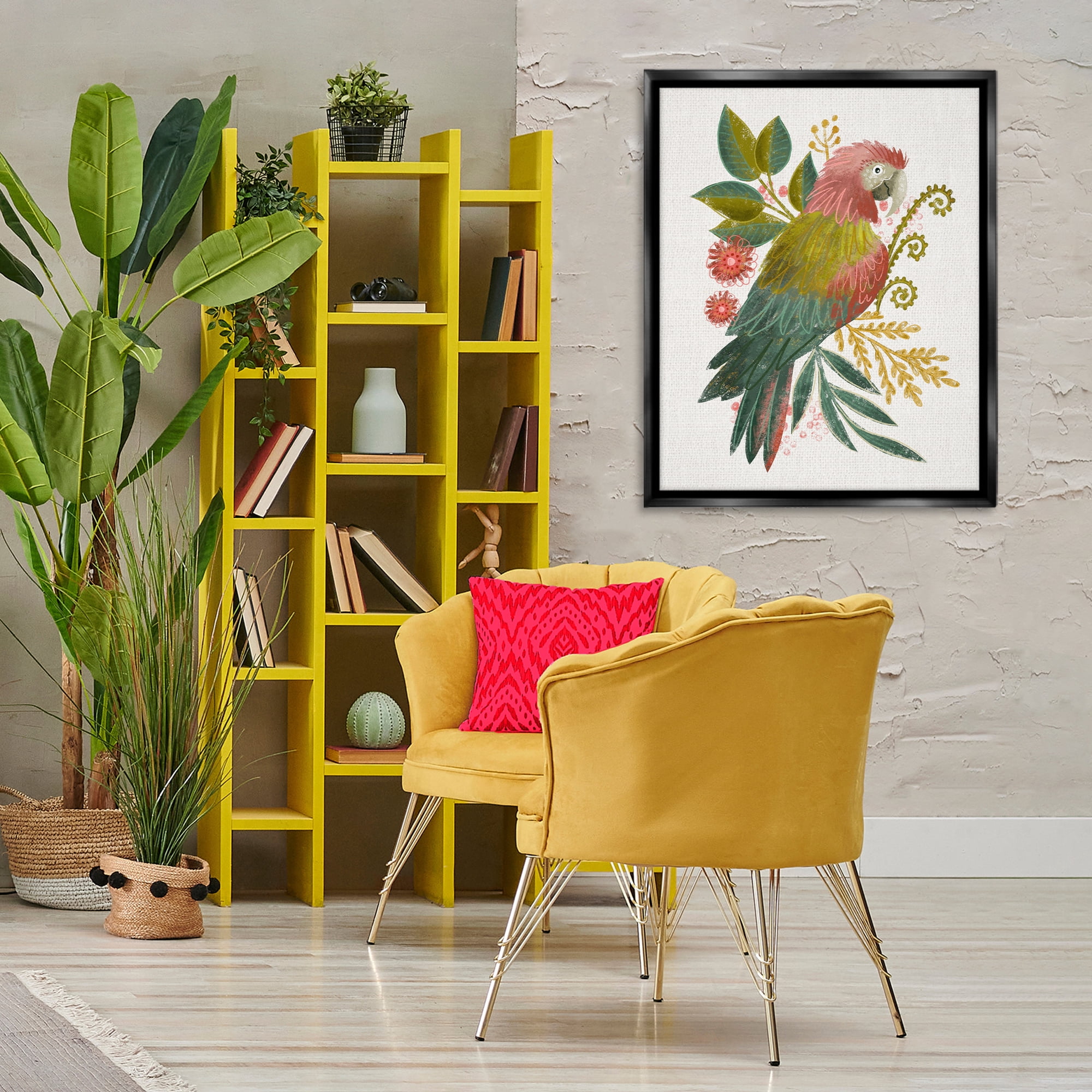 Stupell Industries Parrot with Eclectic Leaves Animals & Insects Painting Black Floater Framed Canvas Art Print Wall Art, 25 x 31