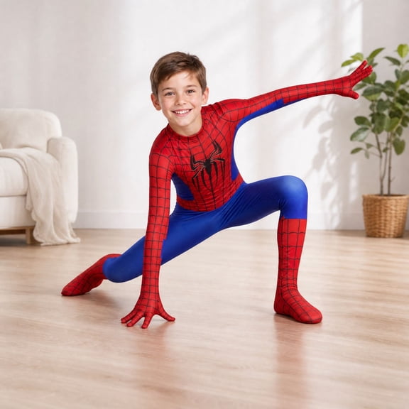 Classic Spider Hero Jumpsuit, Halloween Cosplay Outfit With Traditional Web Motif and Fitted Full-Length Hero Suit Including Bodysuit and Face Covering for Cosplay and Halloween Events