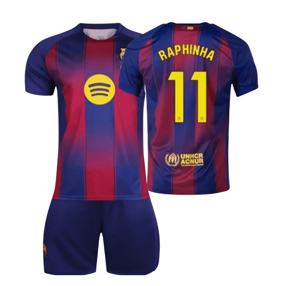 Barcelona Home 2025-26 Raphinha #11 Jersey & Shorts Set, Size Youth 24