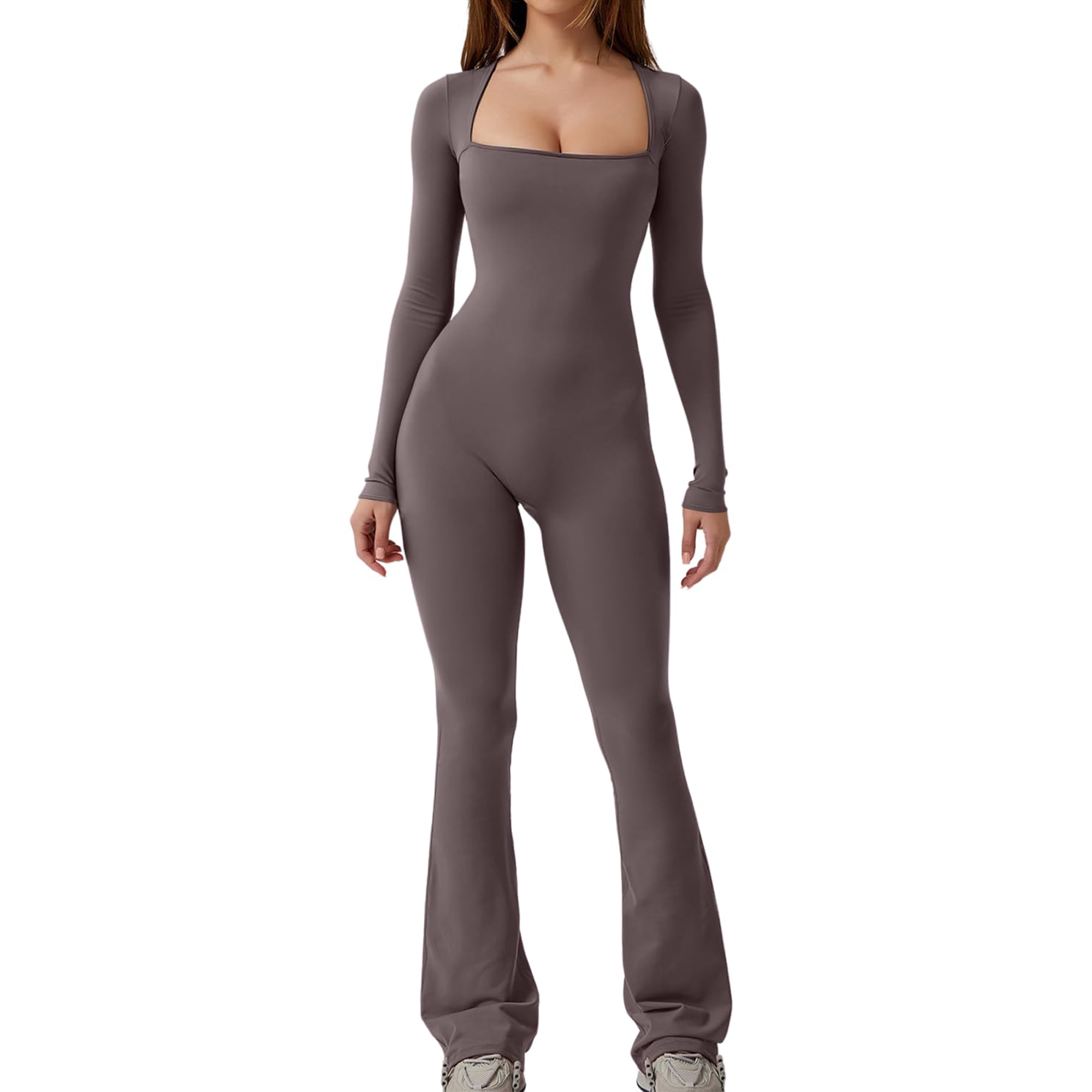 Fortune Women Bodycon Yoga Jumpsuit Long Sleeve Square Neck Slim