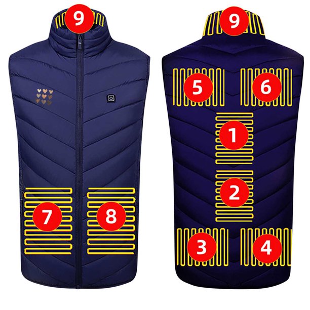 Bloque de Carga Usb, Cremallera Unisex Doble Control 9 Zona Calefacción Chaqueta de Algodón, Caliente Chaqueta de Vestido para Hombre