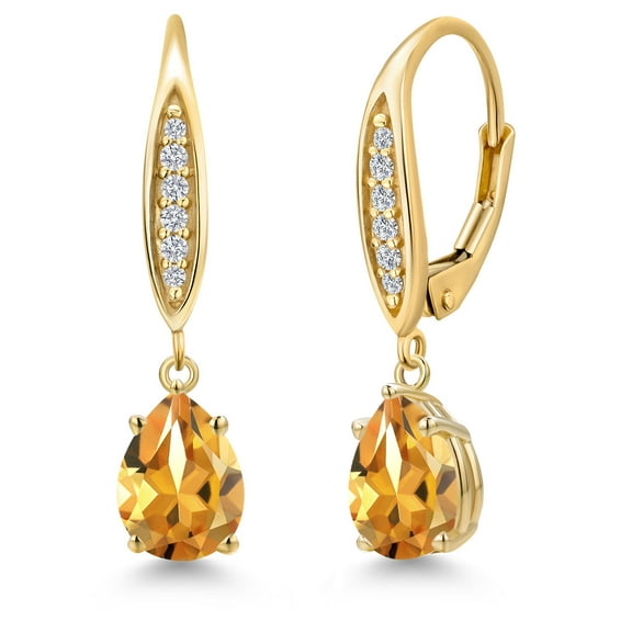 Gem Stone King 10K Yellow Gold Yellow Citrine and Lab Grown Diamond Dangle Earrings for Women | 2.31 Cttw | Gemstone November Birthstone | Pear Shape 8X6MM