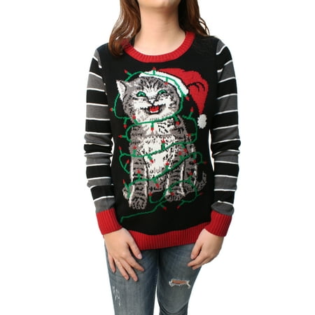 Ugly Xmas Sweaters Ugly Christmas Sweater Women's Tangled Kitten in Lights LED Light Up Pullover Sweatshirt ()