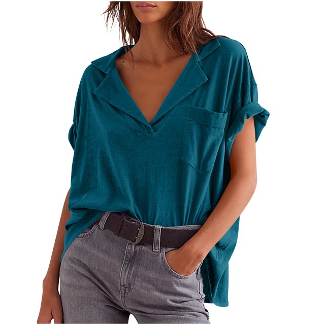JIUIKE Oversized Tops for Women Short Sleeve T-Shirts Deep V Neck Solid Color Loose Fitting Tees