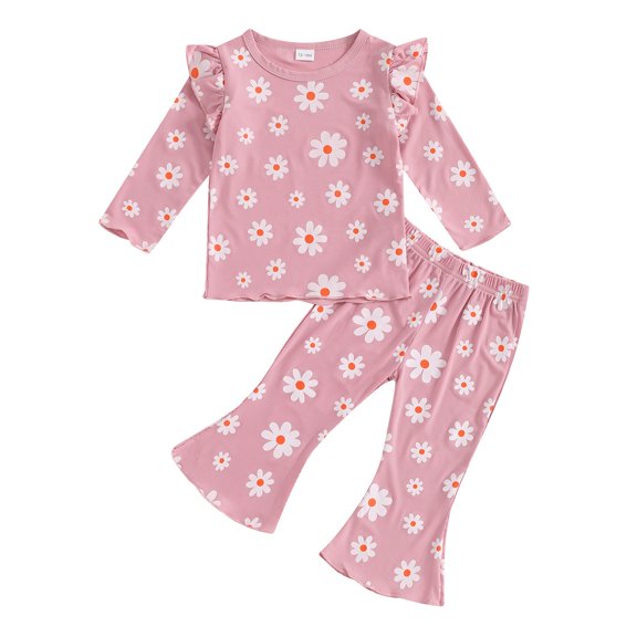 Aojekbee Baby Girl 2Pcs Fall Outfits Ruffle Long Sleeve Floral Print Tops Flare Pants Set Toddler Clothes