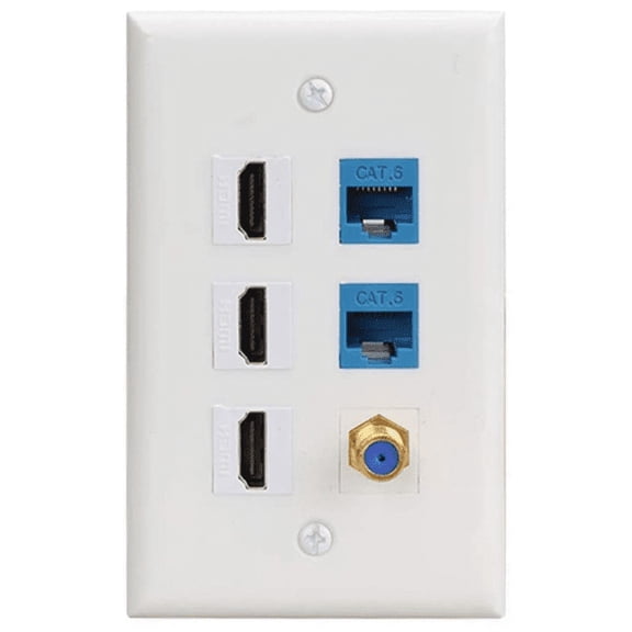 RiteAV - 3 Port HDMI, 2 Port Cat6 and 1 Port Gold Plated Coax Wall Plate - White