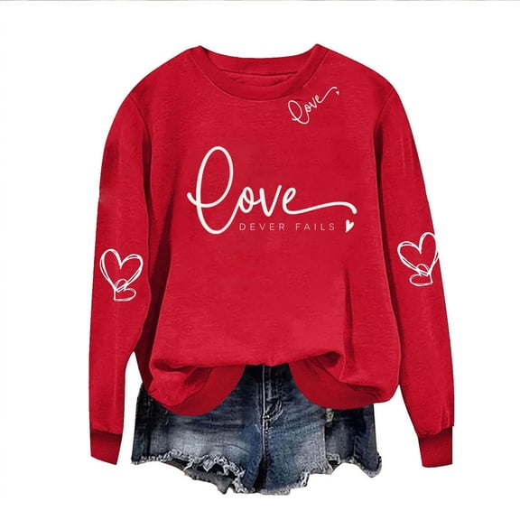 Womens Valentine's Day Sweatshirt Red "Love Never Fails" Heart Sleeve Crewneck, Romantic Cute Gift for Her, Long Sleeve Casual Shirt,Size L