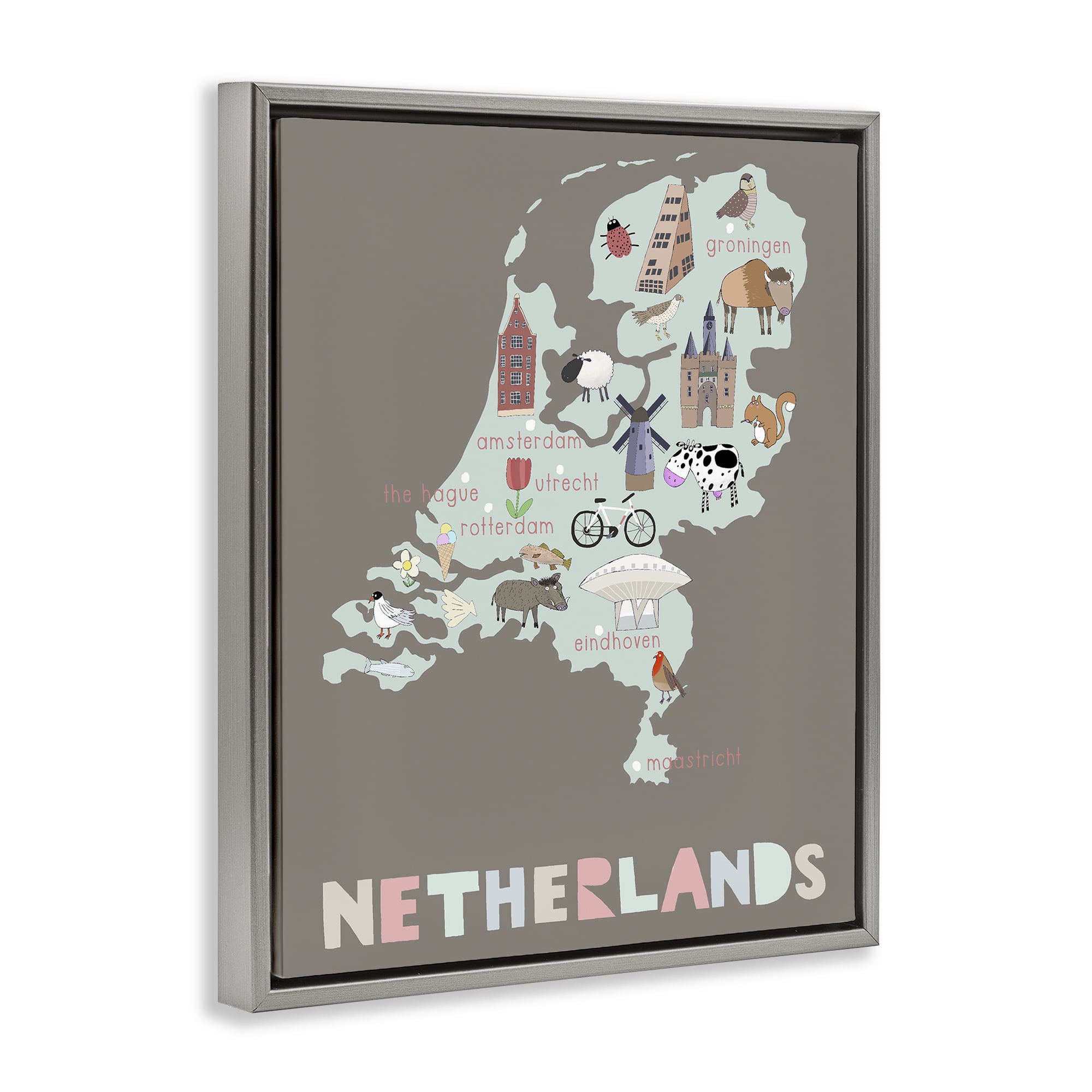 Kid's Map of Netherlands Gray Framed Floater Canvas Wall Art, design by Carla Daly