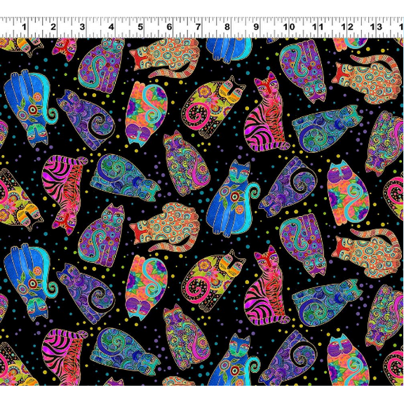 Cotton Fantasticats by Laurel Burch Bright Colored Cats Art Gold Metallic Clothworks Black Cotton Fabric Print by the Yard (Y4343-3MBLACK)