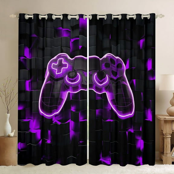 Gaming 30%-50% Blackout Curtains Gamer Room Decor Curtains,Modern Abstract Plaid Bedroom Curtains Purple Geometry Honeycomb Print Window Curtains Gamepad Controller Curtains,2 Panels 42"Wx63"L