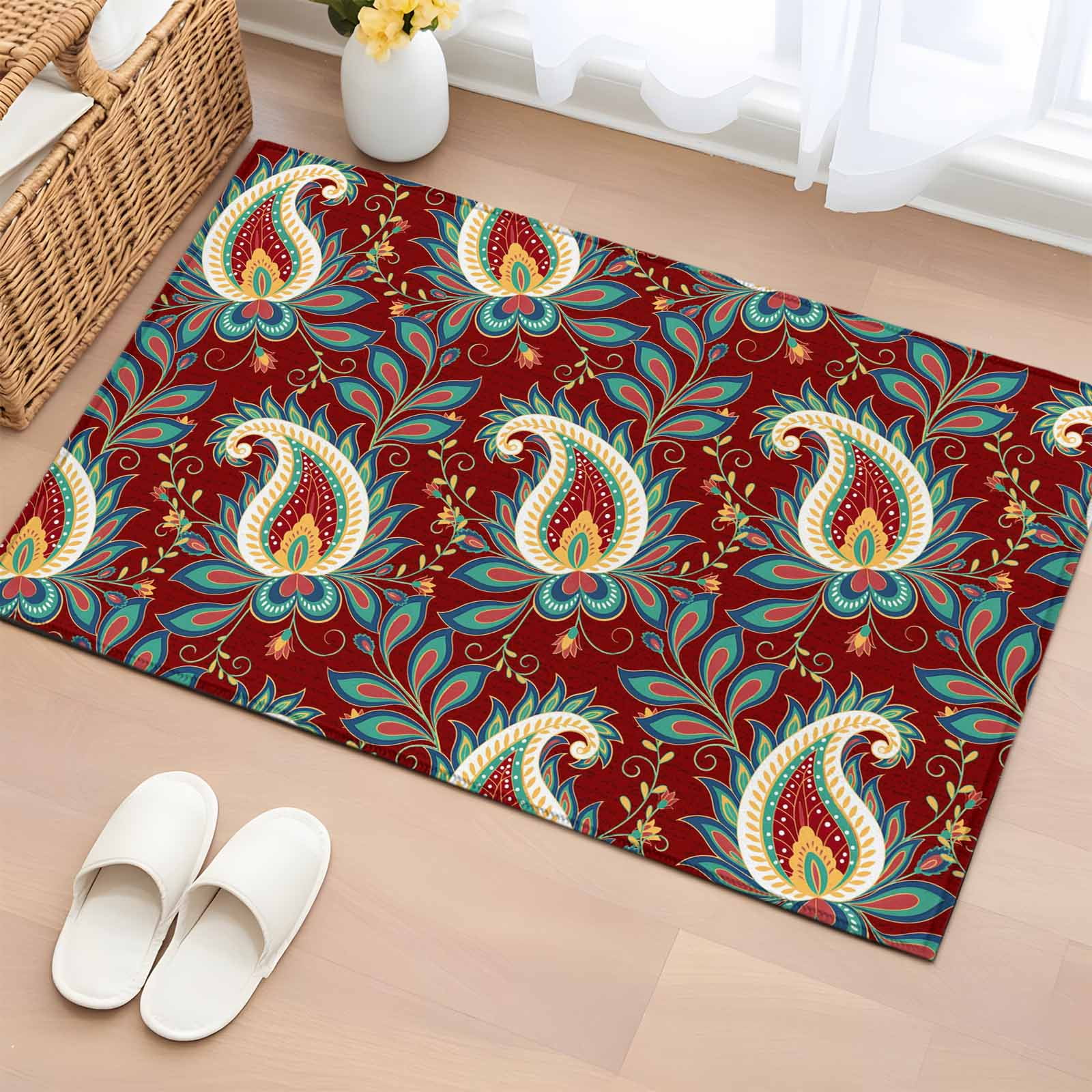 Rectangle Area Rug 2x3ft Boho Cashew Flower on Red Non-Shedding Washable Area Rug Abstract Ethnic Retro Floral Non Slip Low-Profile Rugs for Living Room Bedroom Dining Room