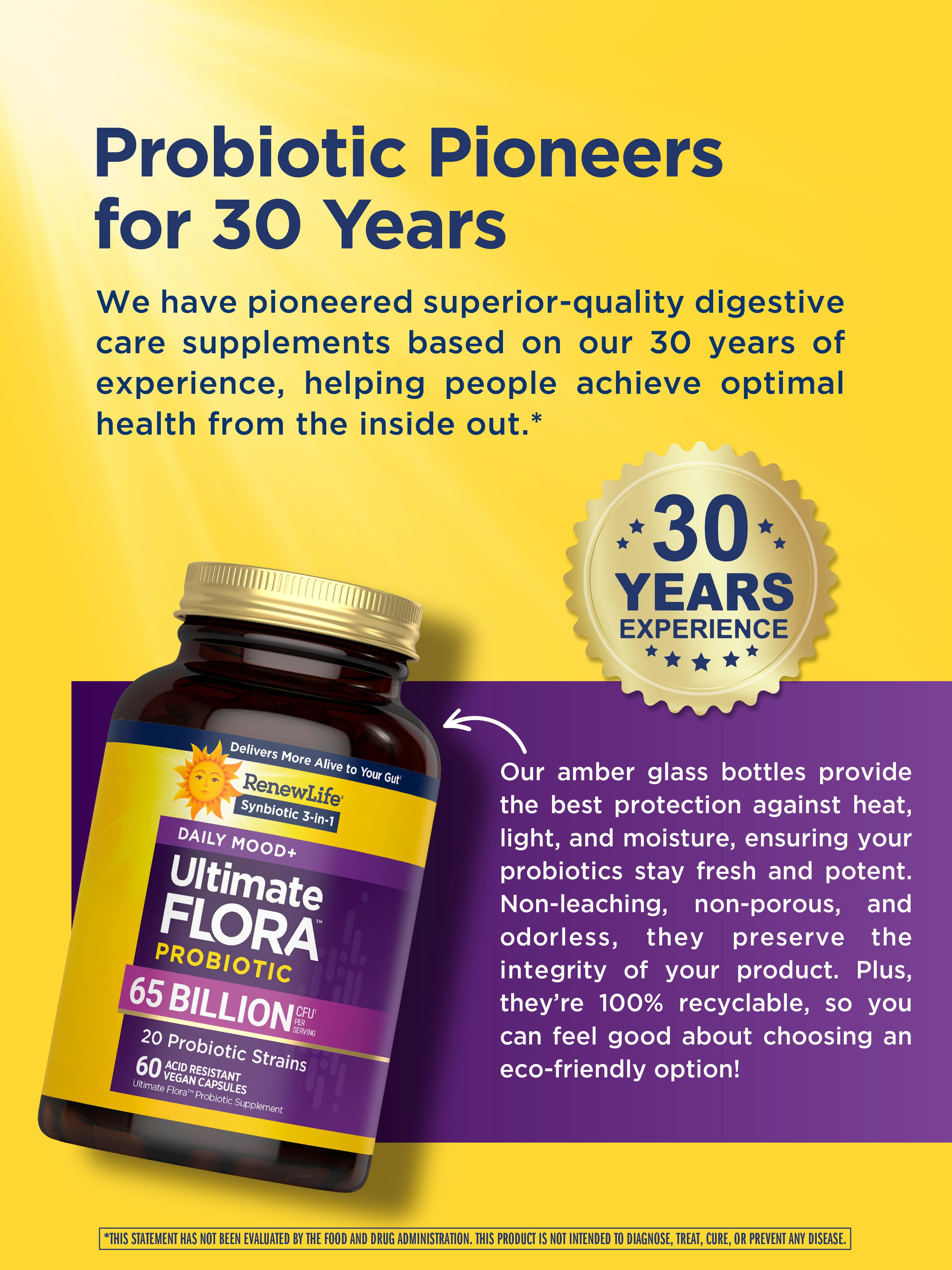 Ultimate Flora Probiotics Daily Mood Support | 65 Billion CFU | 60 Delayed Release Vegan Capsules with Ashwagandha | by Renew Life