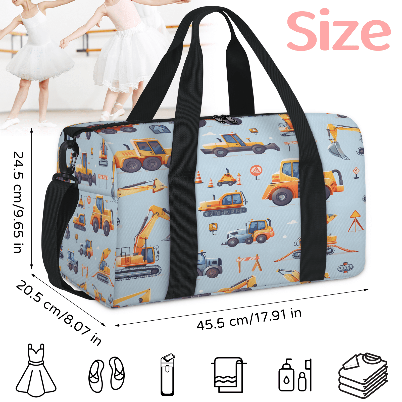 Herdesigns Excavator Travel Duffle Bag Sports Yoga Weekender Overnight Carry on Workout Bags Lightweight Waterproof Gym Tote Bag for Women Cartoon Tractor Machinery Trucks