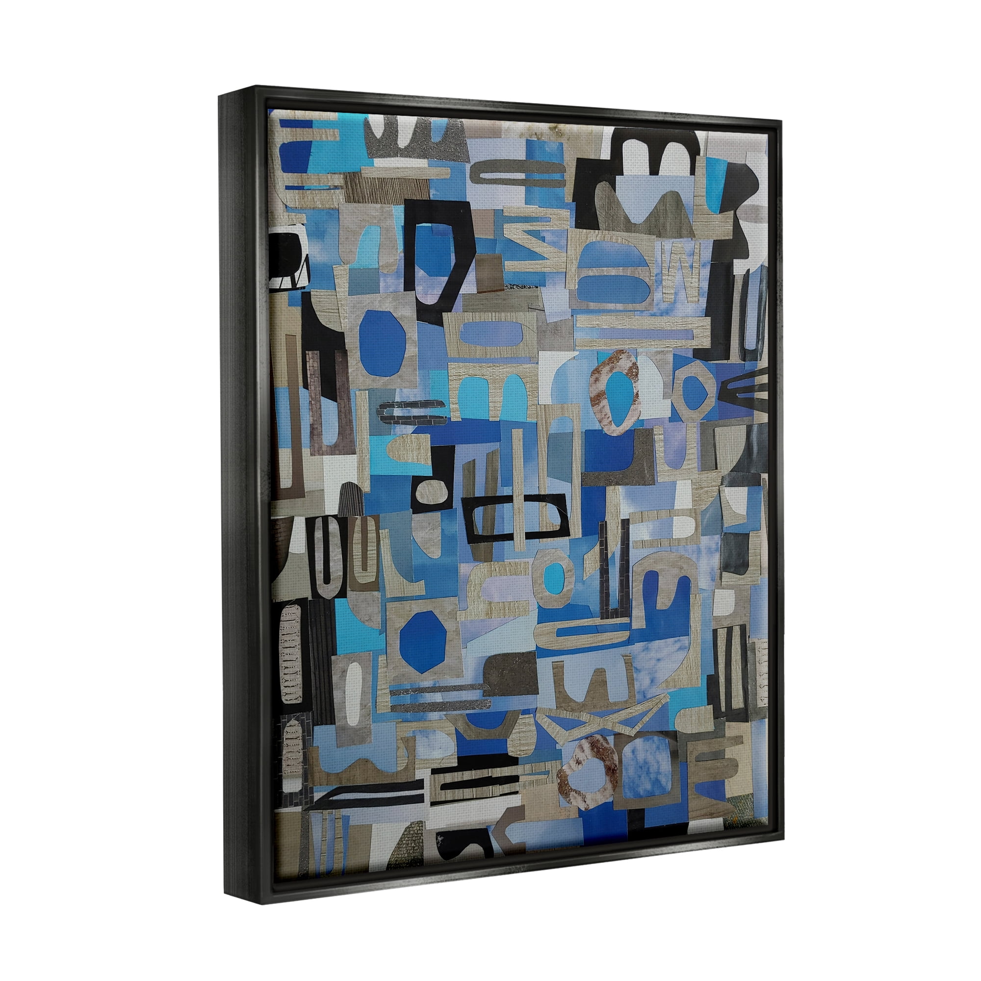 Stupell Blue Geometric Shapes Collage Abstract Painting Black Floater Framed Art Print Wall Art