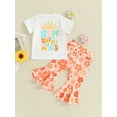 thumbnail image 5 of FEORJGP Kids Girls Summer 2 Piece Outfits 6M 1T 2T 3T 4T 5T Toddler Round Neck T-shirt Short Sleeve Shirt Back Letter Print Tops + Elastic Waist Flower Flare Pants Set Infant Loose Casual Cute Clothes, 5 of 9