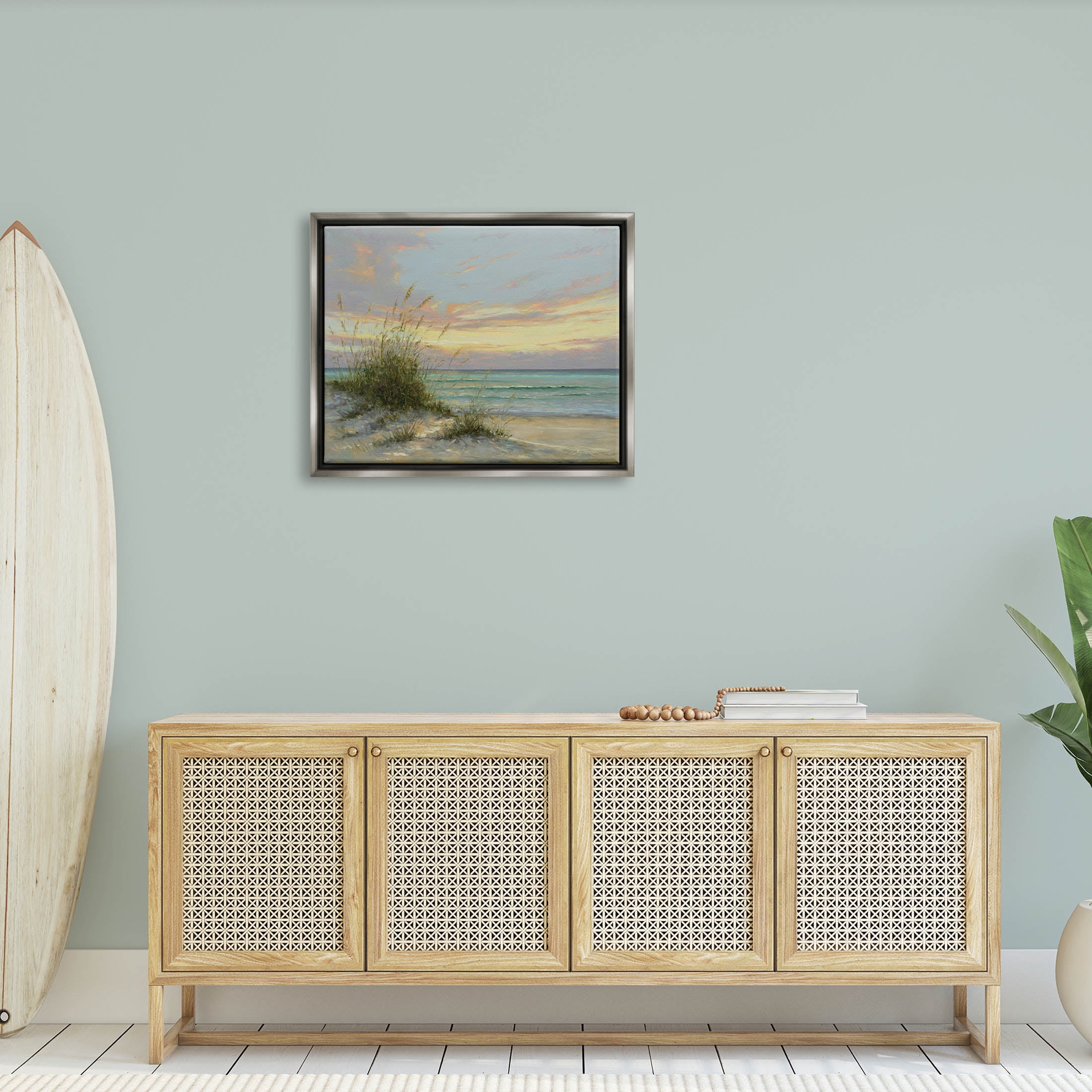 Beach Grass Vivid Sunset Coastal Painting Luster Gray Framed Art Print Wall Art