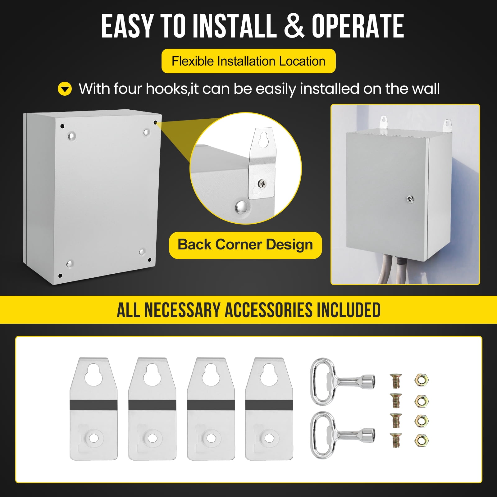 Junction Box, Steel Electrical Box, NEMA 4X Electrical Enclosure Box IP66 Waterproof & Dustproof, Universal Electrical Project Box with Lock & Mounting Plate
