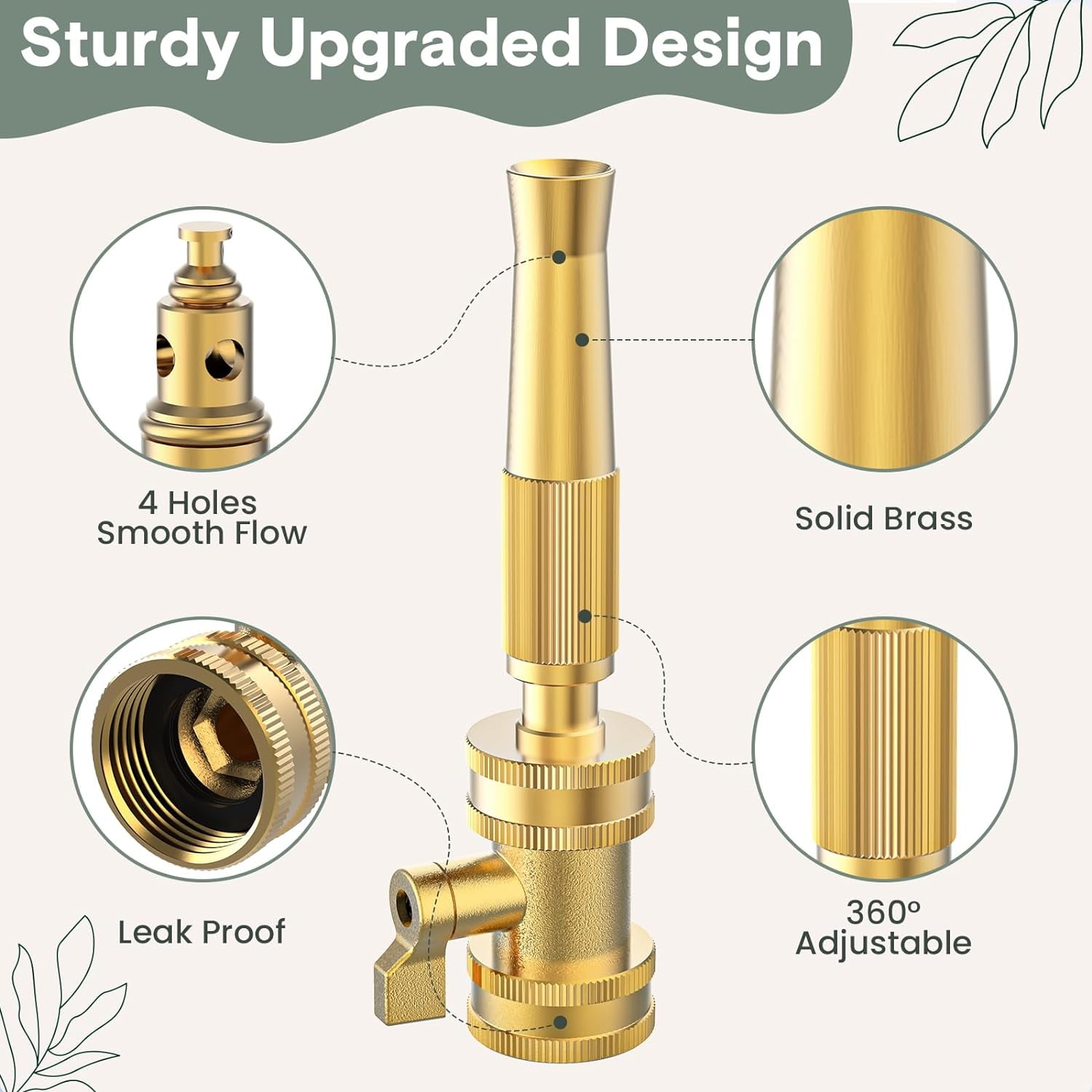 Heavy-Duty Brass Adjustable Twist Hose Nozzle, High Pressure Hose Nozzle with On-Off Valve, Leakproof Operation 3/4" GHT Connector 4 Pack