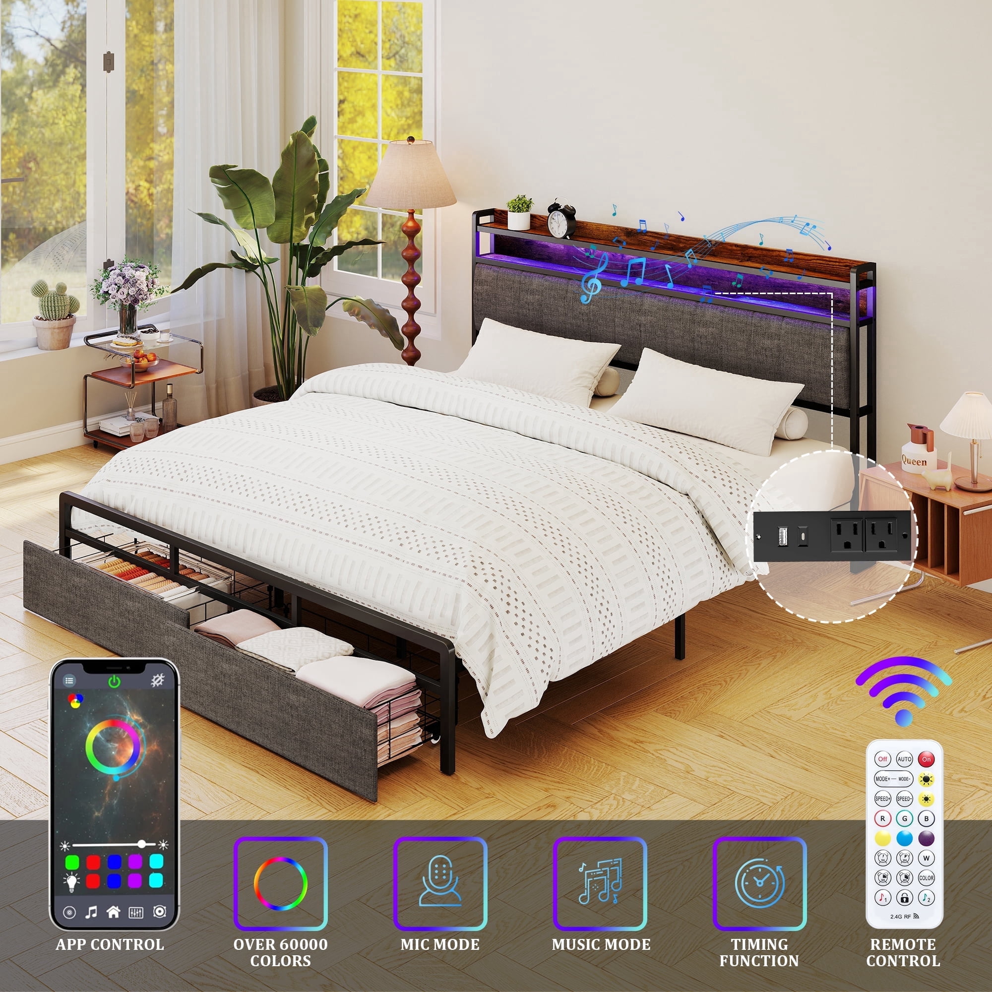 Furnibear LED Queen Bed Frame with Upholstered Storage Headboard and Drawers, LED Platform Bed with Charging Station, No Box Spring Needed