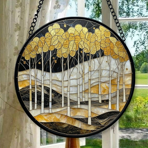 Stained Glass Window Hanging, Black and White Landscape Golden Tree Suncatcher for Doors Window Home Abstract Sun Catchers Decor Mother's Day Birthday Gifts for Women, Men Mom,