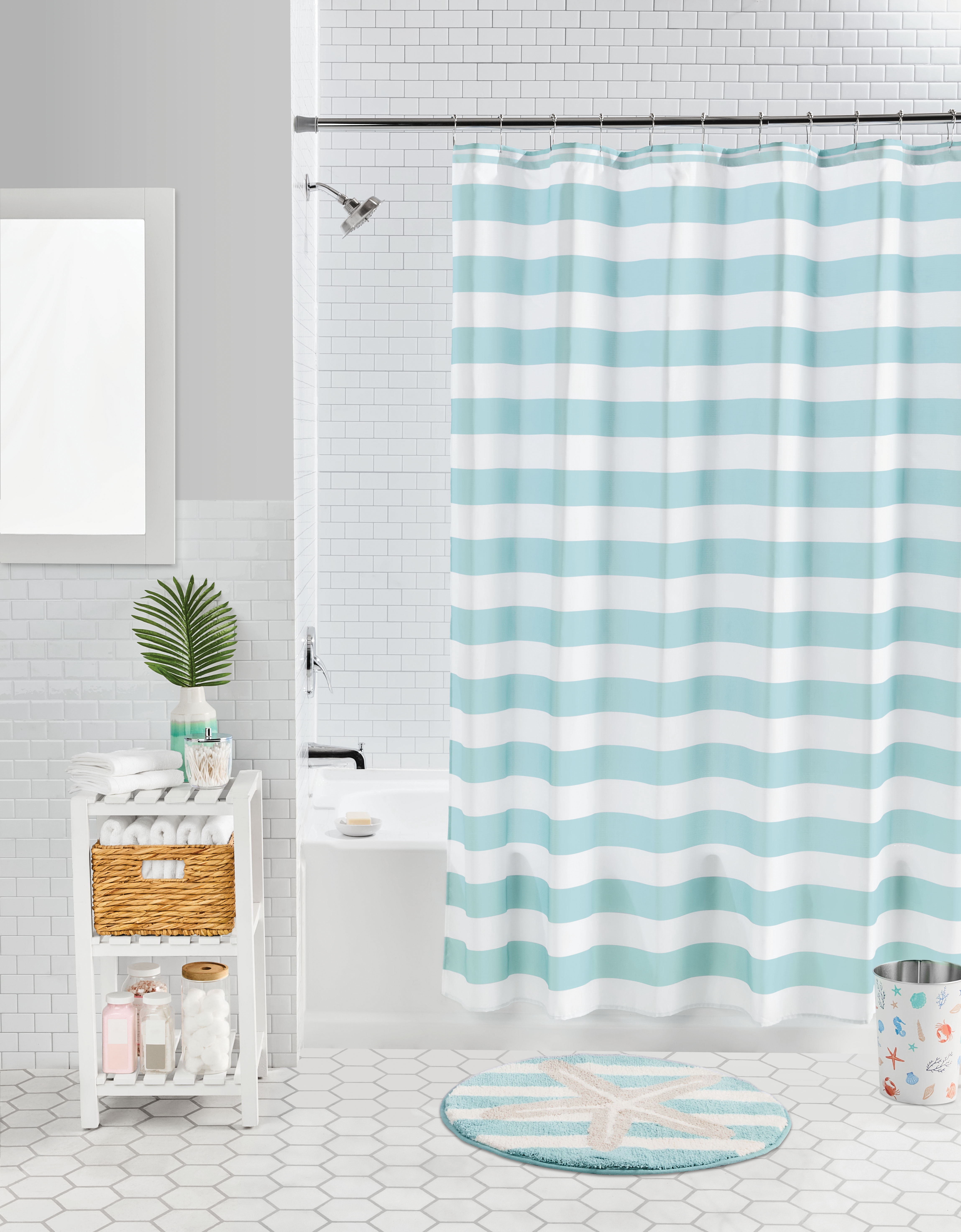 Mainstays Aqua Stripe 13-piece Fabric Shower Curtain with Hooks