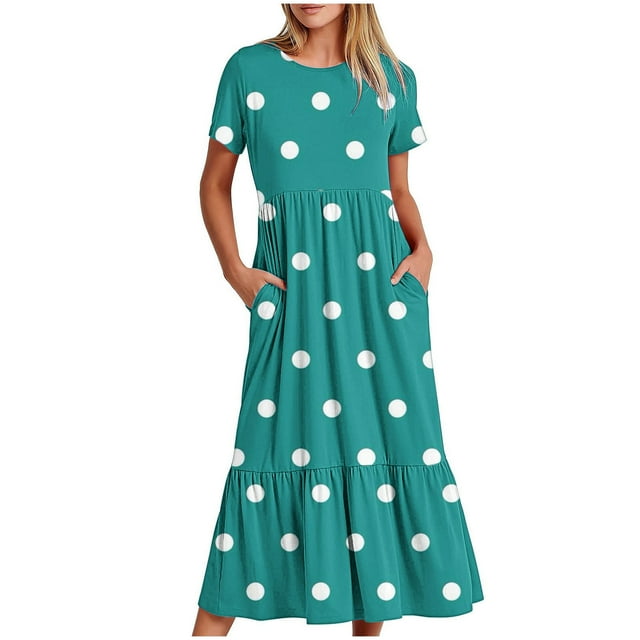 Tumotour Robe d'Été pour Femmes, Imprimée, Ample, Décontractée, à Manches Courtes, Col Ras du Cou, Ligne A, Évasée, Fluide, à Étages, Chemise, Maxi, Plage, Longue, 2025, Tenues Tendance avec Poches
