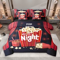 Manfei Vintage Cinema Tricket 7 Pieces Bedding Comforter Set, Black Red Popcorn Filmstrip Full Bedding Set, Movie Theater Theme Reversible Fitted Sheet Flat Sheet, Breathable Home Decor