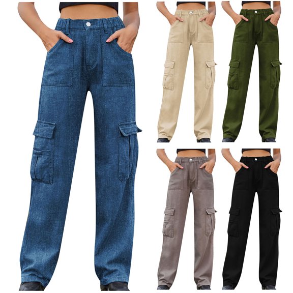 safuny Women's Workwear Cargo Pants with Pcoket Girls Solid Color Teen Relaxed High Rise Trousers Trendy Casual Comfy Zipper Button Khaki XL