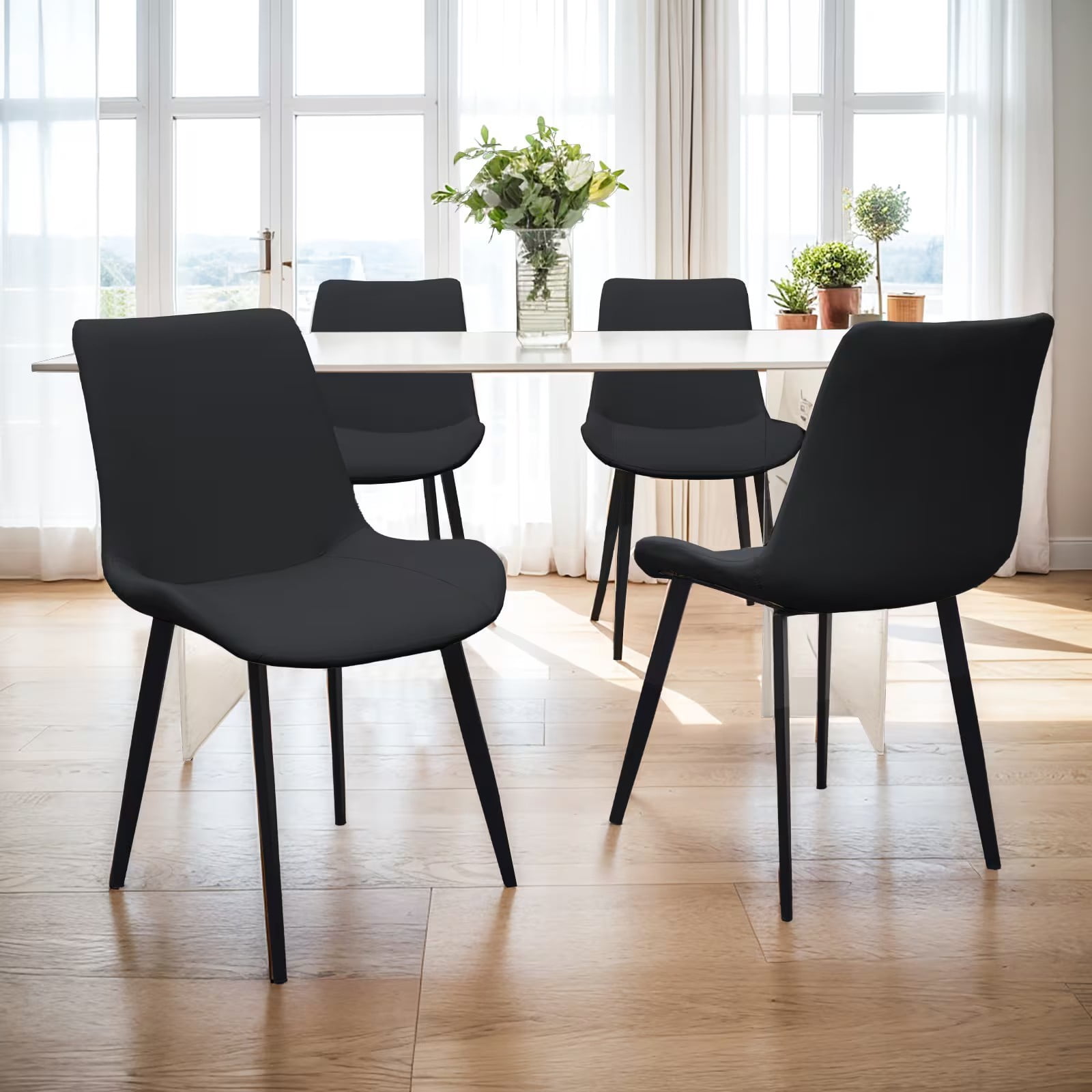 Black PU Leather Dining Chairs Set of 2, Modern Upholstered Kitchen Chairs with Metal Legs, Armless Side Chairs for Dining Room, Restaurant, Living Room & Meeting Room