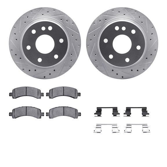Dynamic Friction Company Rear Brake Rotors-Drilled and Slotted-Silver with 5000 Advanced Brake Pads includes Hardware 7512-48054