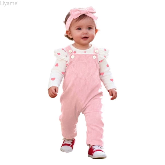 Liyamei Girls Long Sleeve Heart Prints Ribbed Romper Bodysuit Suspender Pants Outfits Toddler Girl 2-Piece Sets Size Pink 6-12 Months