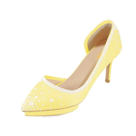 XYD Women Bridal D Orsay Pearl Pointed Closed Toe Pumps Outer Low Platform Mid Heels Slip-on Elegant Prom Shoes Size 6 Yellow