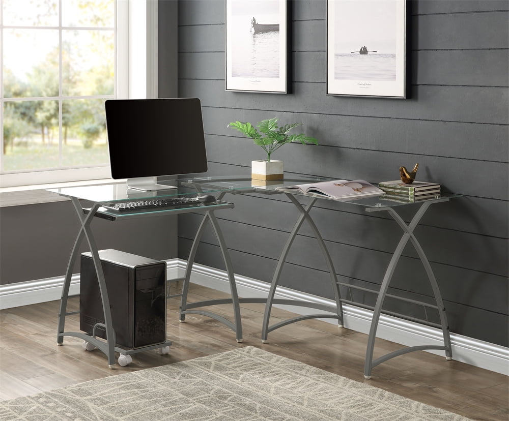 Realspace® Vista Glass 76"W LShape Corner Desk, Silver atelieryuwa