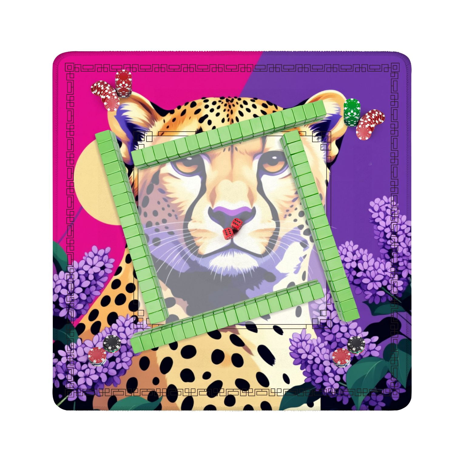 Mahjong Mat 31.5" x 31.5" Majestic Cheetah Surrounded by Purple Lilacs Vibrant Non-Slip Noise Reduction American Mahjong Tiles Table Cover for Dominoes Poker Card Board Games Gift