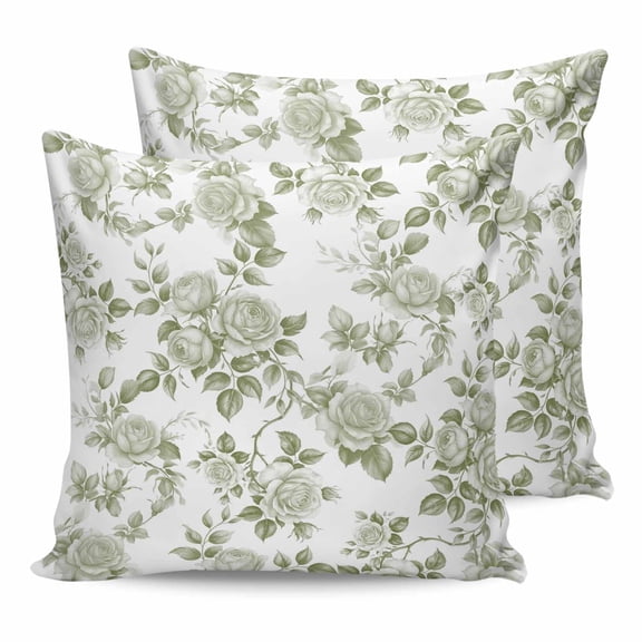 Pillow Covers 24x24 Set of 2, Sage Green Flower Throw Pillow Covers Decorative Couch Cushion Cover, Vintage Country Rose Leaf Floral Microfiber Soft Square Pillowcases for Bedroom Living Room Sofa