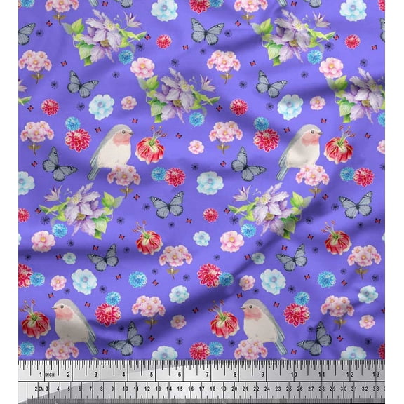 Soimoi Cotton Poplin Fabric Butterfly,Robin & Dahlia Floral Print Fabric by The Yard 42 Inch Wide