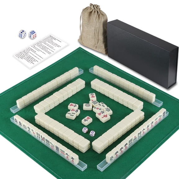 FGY Mahjong Tile Set,144 White Tiles Mahjong Game Set, 4 Clear Mahjong Racks,Travel Mahjong Set with Carrying Bag