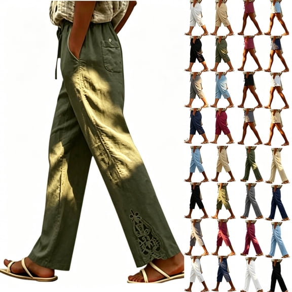 Womens Cotton Pull On Pants, Soft High Waist Ankle Pants, Drawstring Elastic Waist with Side Pockets Casual Summer Trousers| TruHer,Wine S