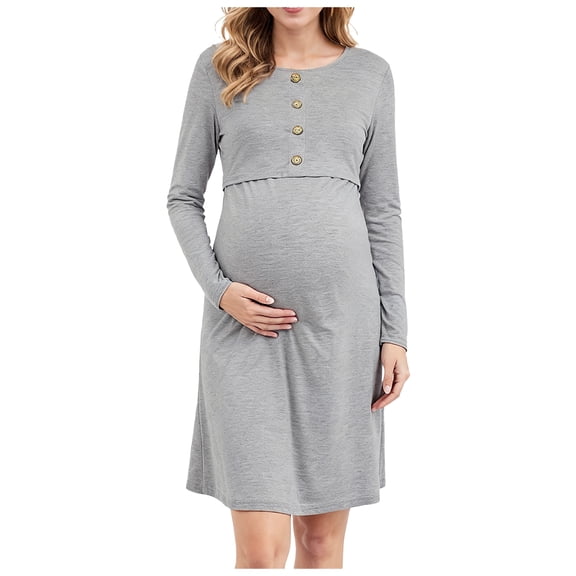 Lispipm Crew Neck Dress for Women Cotton Stretchy Long Sleeve Button Maternity Midi Skirt Spring Fall Pregnancy Clothes Grey L
