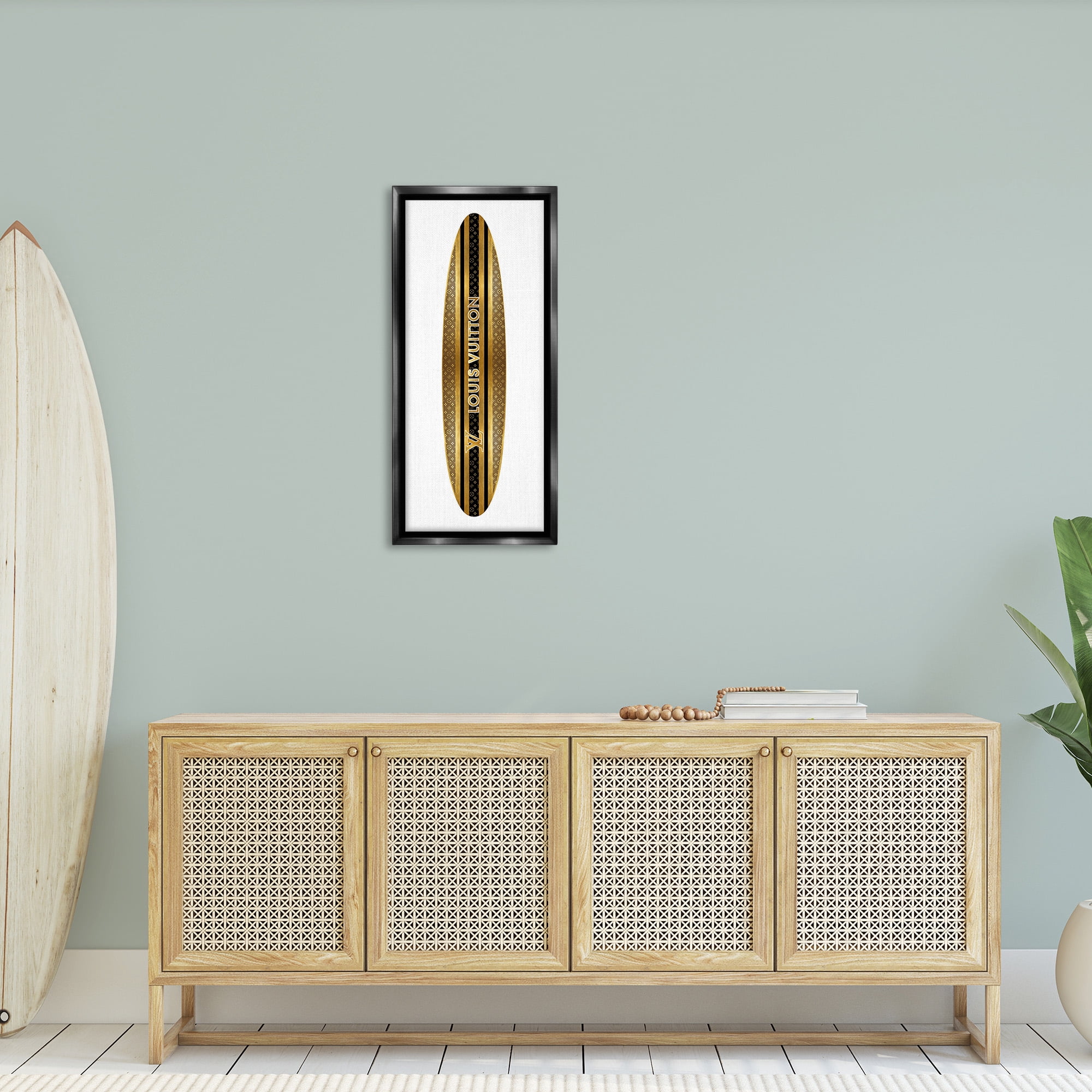 Stupell Industries Glam Striped Surfboard Nature Painting Black Floater Framed Canvas Art Print Wall Art, 14 x 31