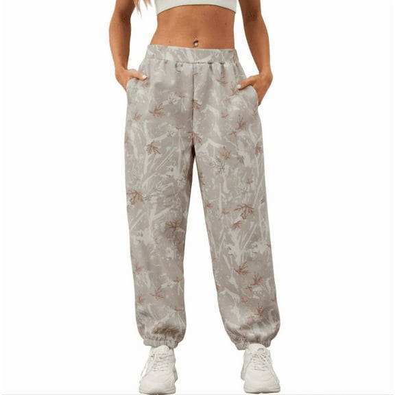 Large size Camo Maple Leaf Women Sweatpants Leaf Print Contrast Color Elastic Waistband Casual Pull On Athletic Pants (Size:S-XL)