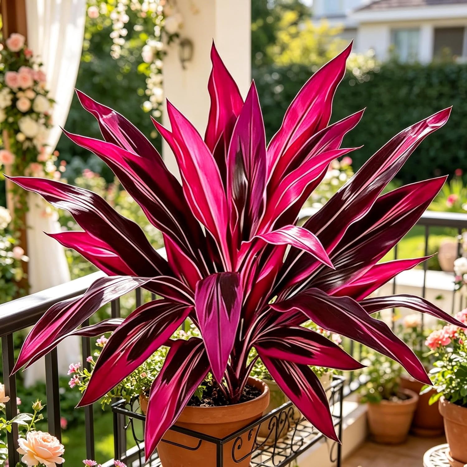 Large Artificial Boston Fern & Dragon's Blood Tree Plants, Vibrant Pink Purple Faux Foliage, UV Resistant Outdoor Fake Plants for Garden Patio Balcony Wedding Decor (4pcs)