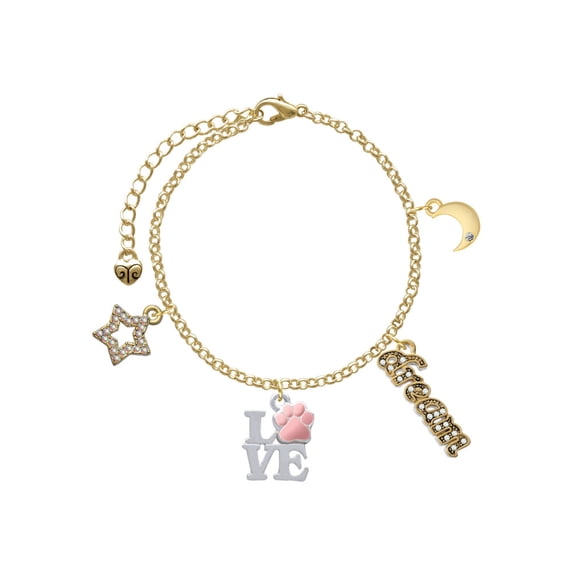Delight Jewelry Silvertone Love with Pink Paw Goldtone Dream Big Charm Bracelet, 7.5 2" Extender