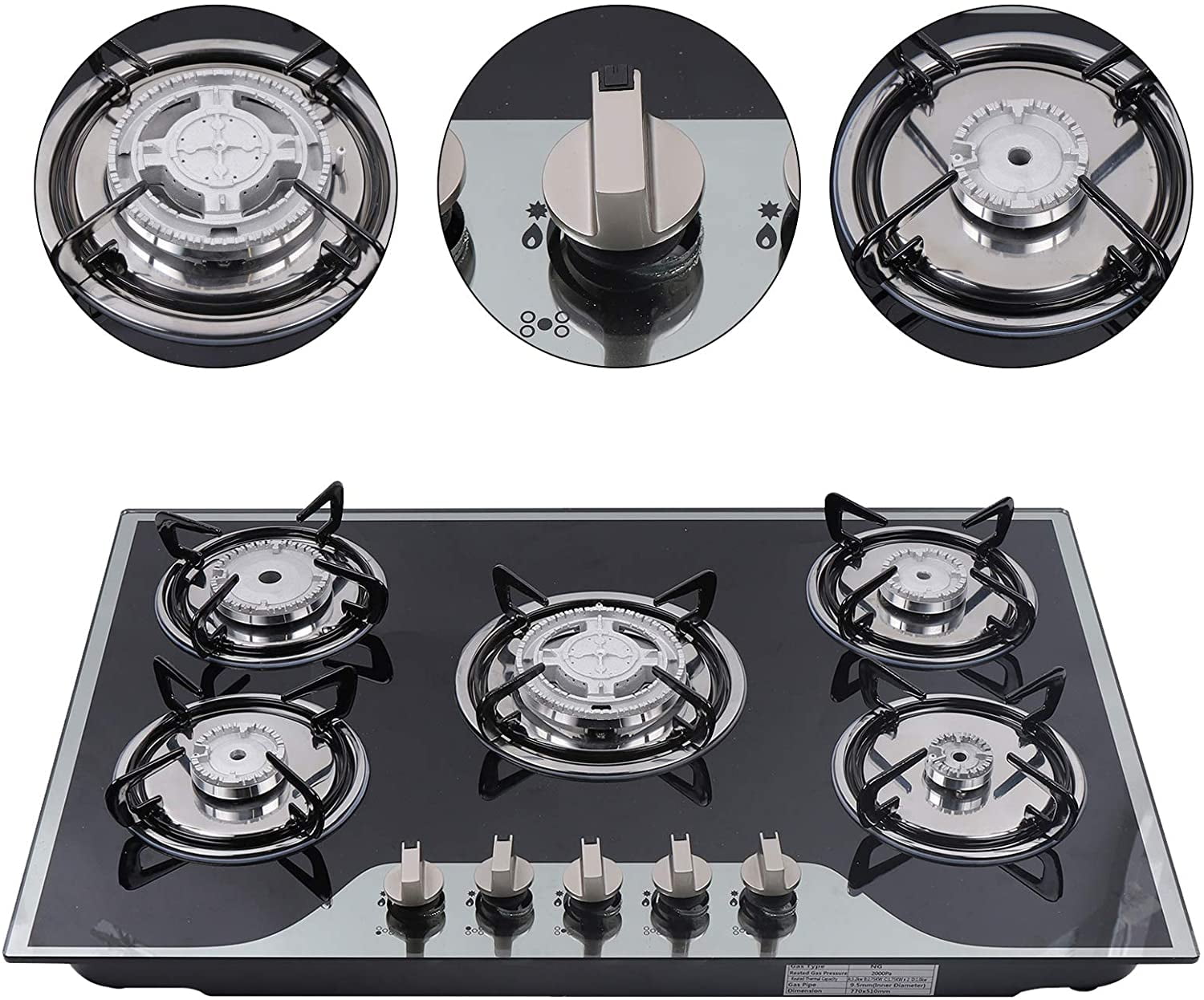 Miumaeov Gas Cooktop Stove Build-in 5 Burners 8 mm Tempered Glass Battery Pulse Ignition