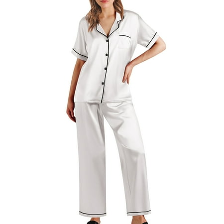 Mashaouyo Women Clearance Women Nightwear Satin Short Underwear Nightgown Women s Lingerie Robe Trousers Silk Loose Sleeved Suit Pajamas Nightgowns for Women