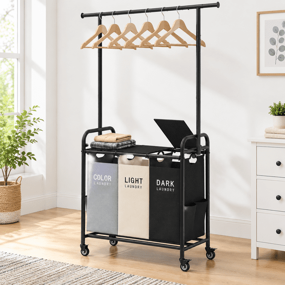 Laundry Sorter With Hanging Bar And Lid 3 Section 3 Colors