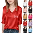 thumbnail image 5 of CCRFTGI 3/4 Sleeve Shirts for Kids Girls 10-12 Cute Satin Silk With Bowknot Print T-Shirt Tween Girls Trendy Clothes V Neck Tee Shirts Casual Spring Day Tee Tops Pink 14-15 Years, 5 of 5