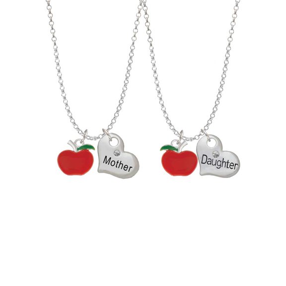 Delight Jewelry Silvertone Small Red Apple Mother & Daughter Heart Necklaces (Set of 2), 19"+2"