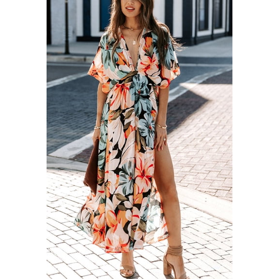 Women's Slim Fit Floral Print Dress, Summer V-Neck Dress, Vacation Style