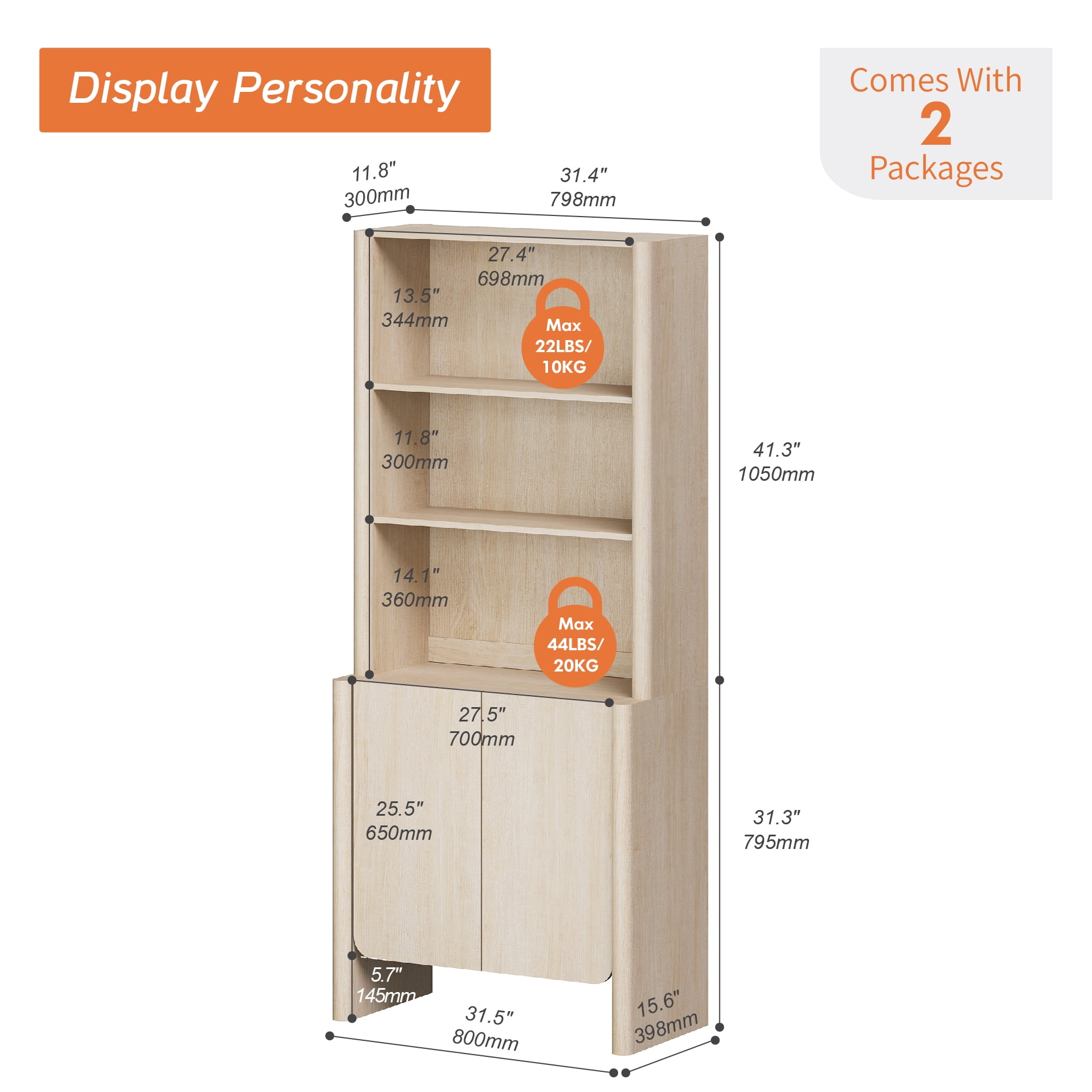 31.5-Inch Modern French Bookcase with Curved Edges, Cabinet Doors and Open Shelves, 72.8" Tall, Beige